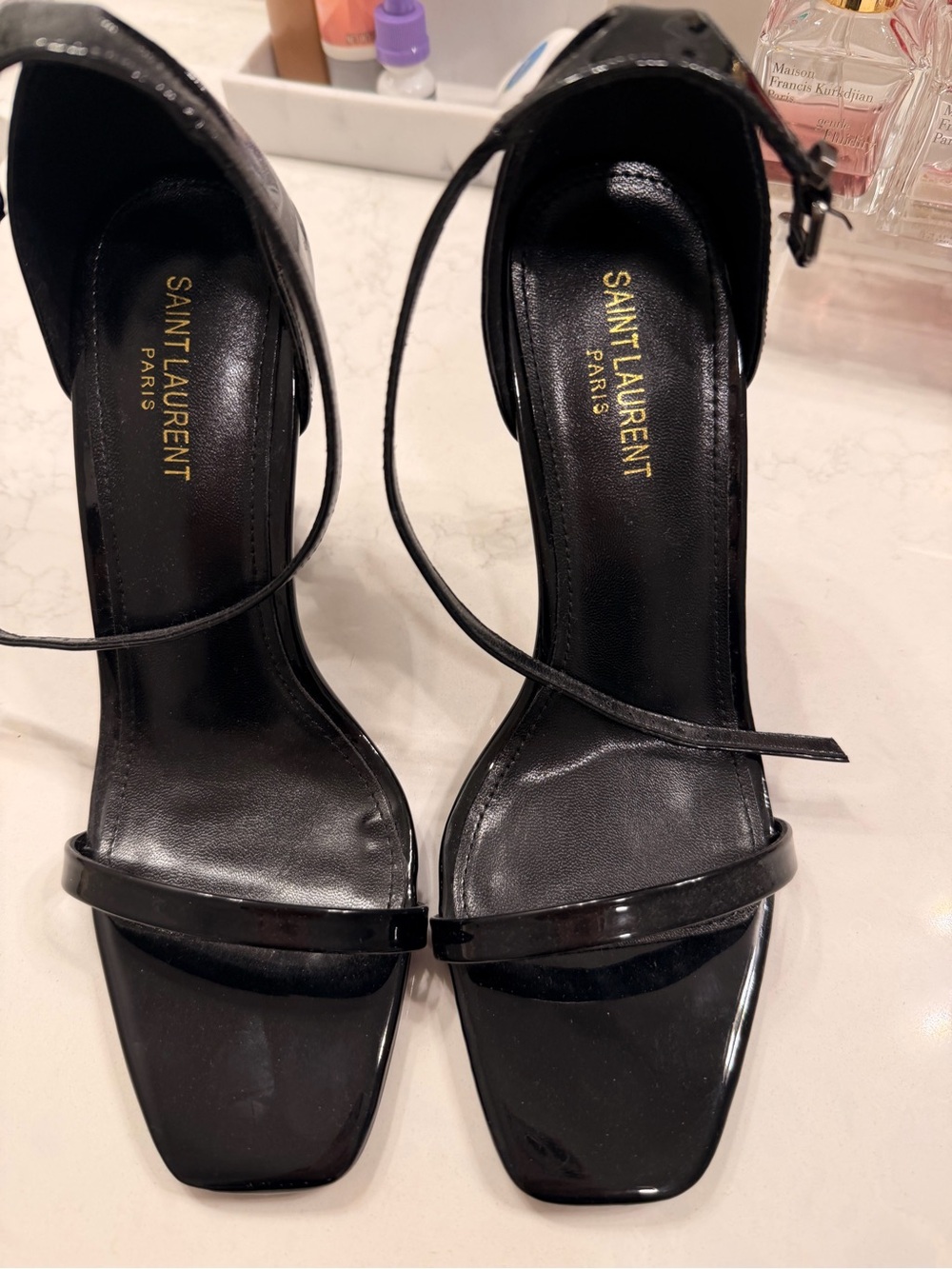 Saint Laurent Black Patent Leather Square-Toe Strappy Heels